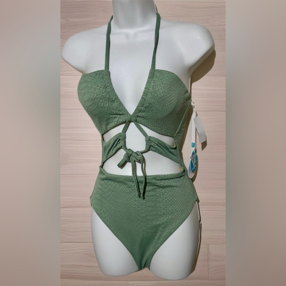 WET Designer Swimwear One Piece Moss Green Sexy Cutout Swimsuit  Size Small NWT - Picture 3 of 11